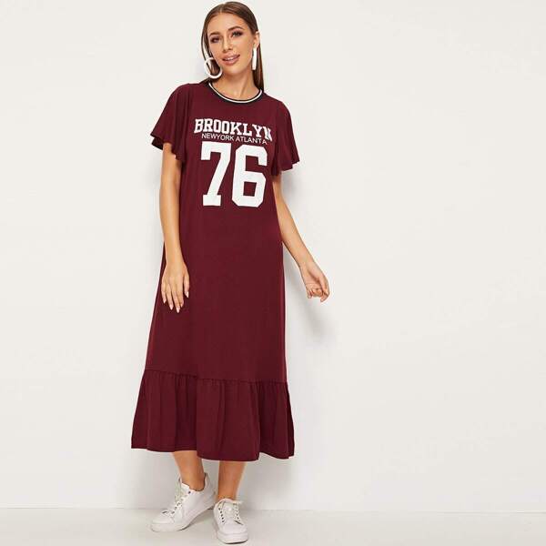 

Striped Neck Varsity Print Flippy Hem Dress