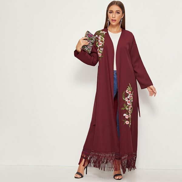 

Open Front Fringe Hem Embroidery Floral Abaya With Belt, Burgundy