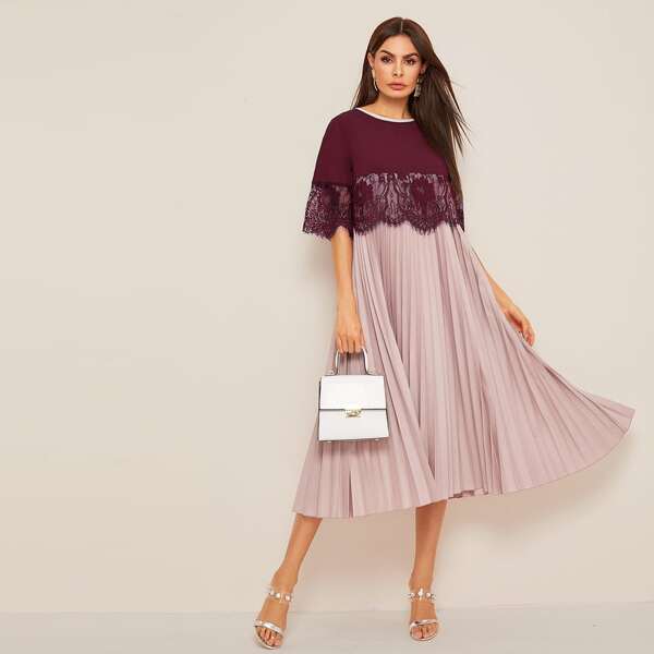 

Two Tone Lace Trim Pleated Hem Dress, Multicolor