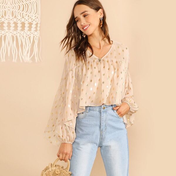 

Metallic Dot Lantern Sleeve Batwing Top