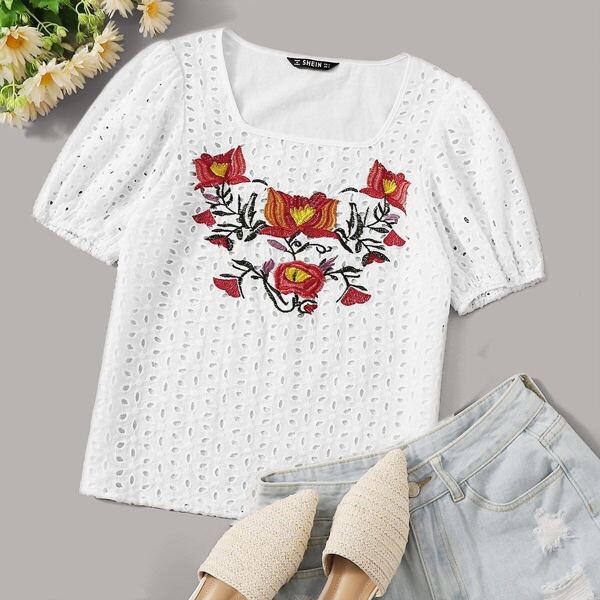 

Embroidered Floral Square Neck Schiffy Blouse