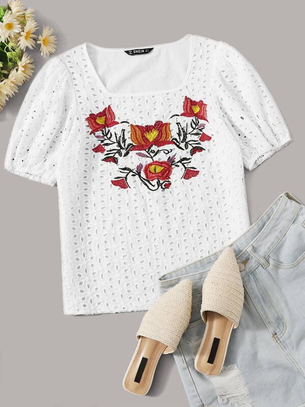 

Embroidered Floral Square Neck Schiffy Blouse, White