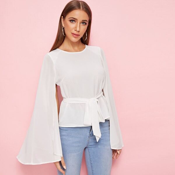 

Solid Split Sleeve Self Belted Top, White