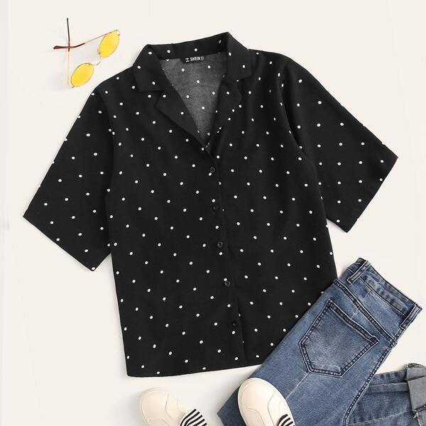 

Polka-dot Print Notched Collar Shirt