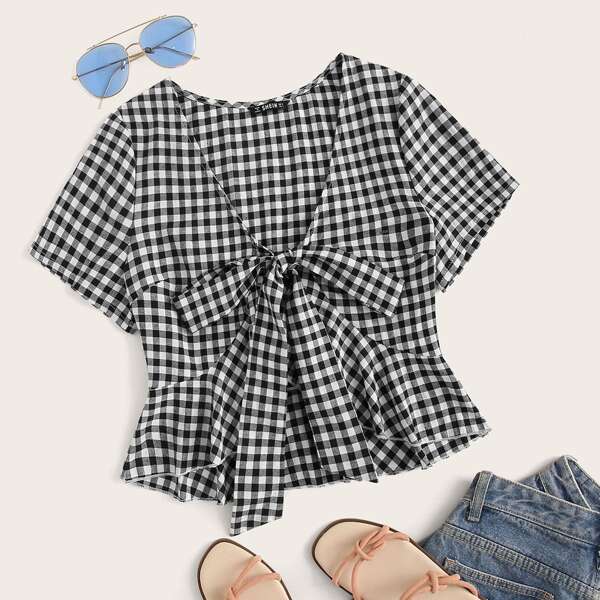

Tie Front Ruffle Hem Gingham Top, Black and white