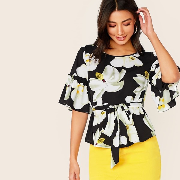 

Floral Print Flounce Sleeve Belted Top, Multicolor