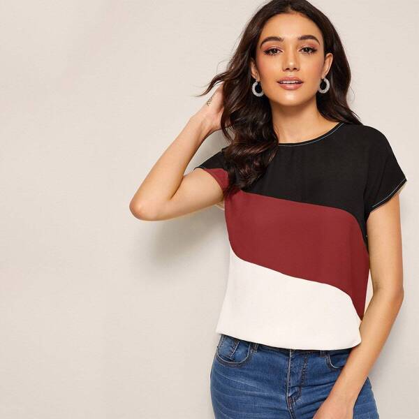 

Button Keyhole Cut And Sew Top, Multicolor