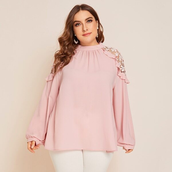 

Plus Keyhole Back Ruffle Trim Lace Insert Top, Pink
