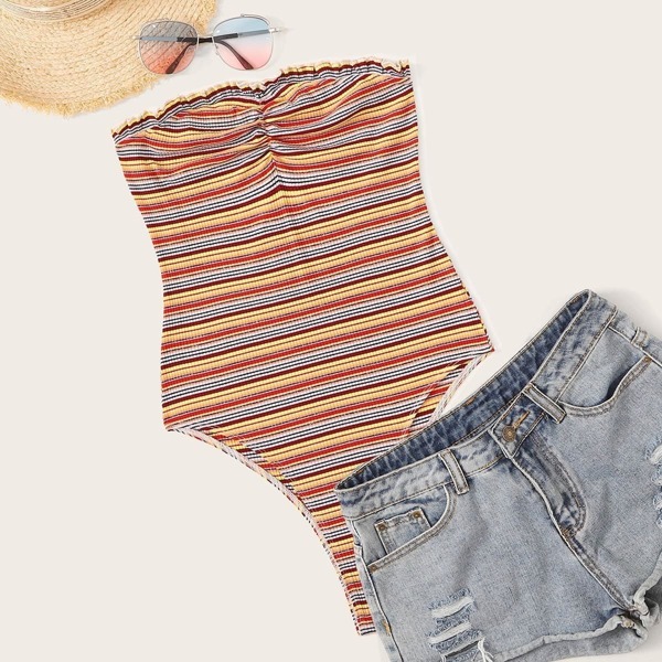 

Frill Trim Ruched Front Rib-knit Striped Tube Bodysuit