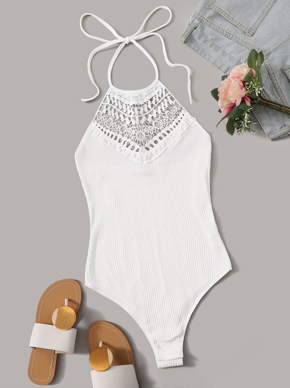 

Tie Neck Backless Guipure Lace Insert Bodysuit, White, Izzy Marshall