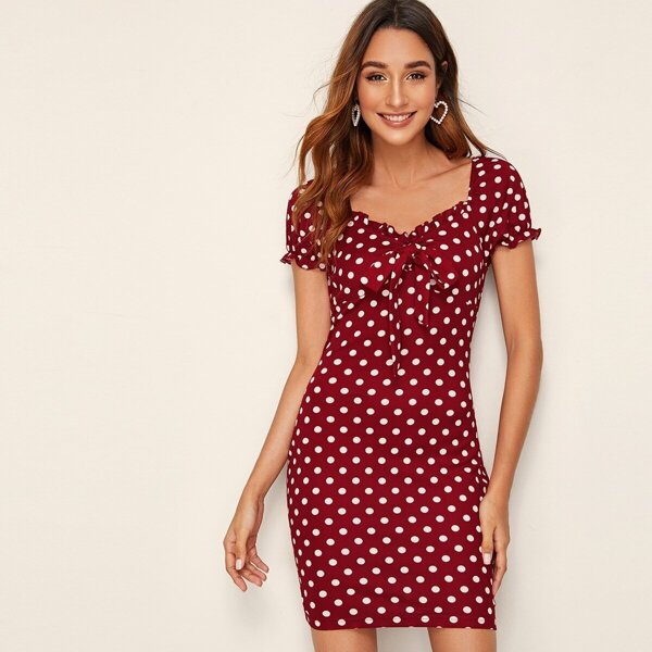 

Tie Neck Frill Trim Polka Dot Bodycon Dress