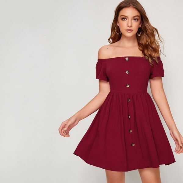 

Button Front Bardot Fit & Flare Dress