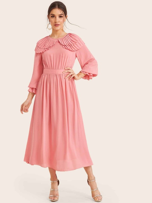 

Pleated Ruffle Foldover Crinkle Detail Dress, Pink, Vikie