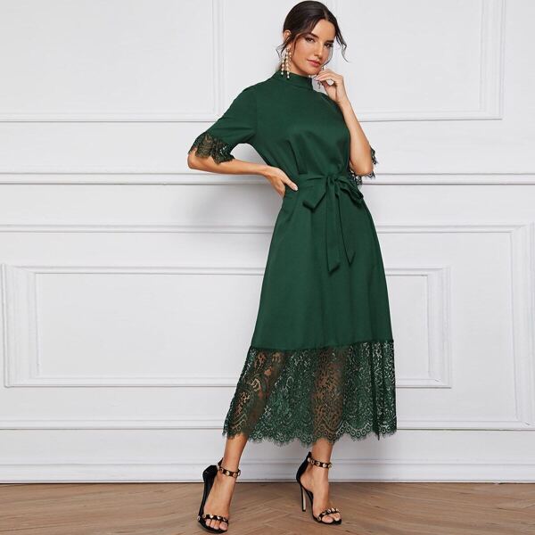 

Mock-Neck Lace Cuff and Hem Self Belted Dress, Green