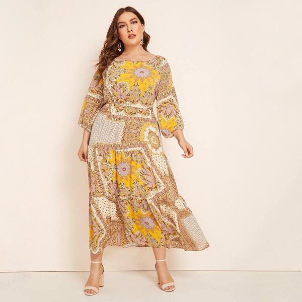 

Plus Lantern Sleeve Scarf Print Dress, Multicolor
