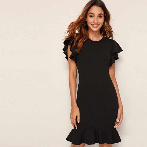 

Butterfly Sleeve Ruffle Hem Bodycon Dress, Black