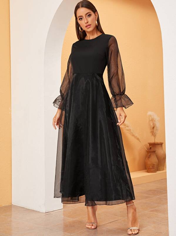

Fit and Flare Organza Sleeve and Hem Dress, Black, Mary P.