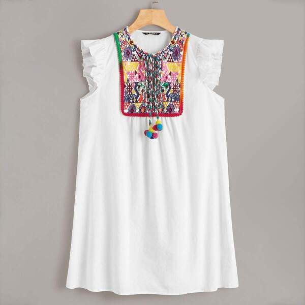 

Ruffle Armhole Embroidered Pompom Detail Dress
