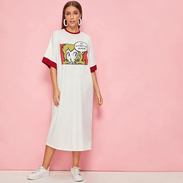 

Slogan & Figure Drop Shoulder T-shirt Dress