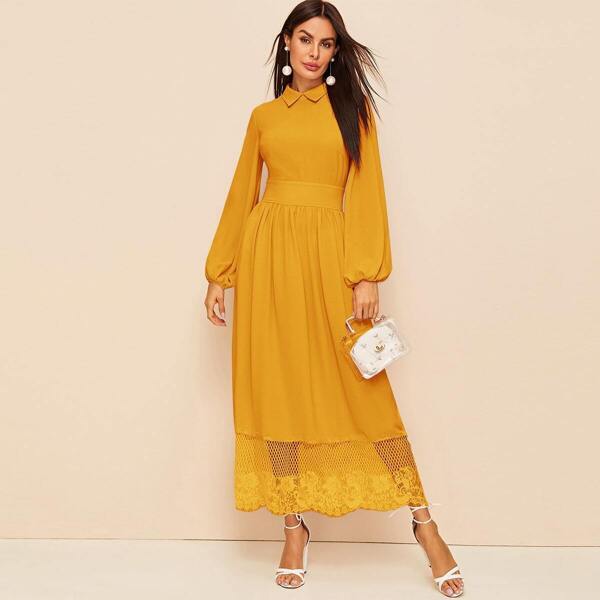 

Collared Lantern Sleeve Lace Hem Maxi Dress, Yellow