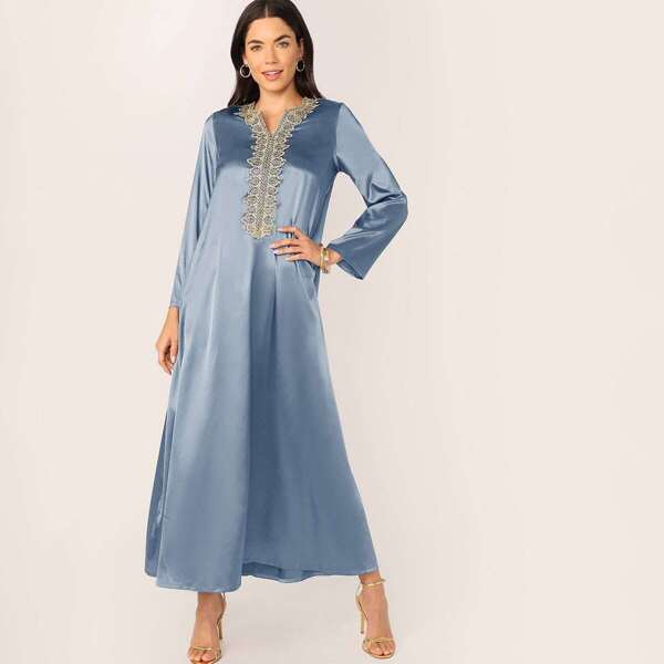 

Appliques Detail Maxi Satin Dress, Blue