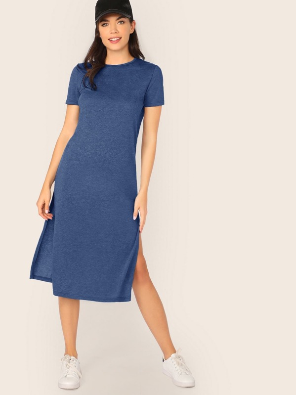 

Solid -slit Hem T-shirt Dress, Blue, Aarika Wolf