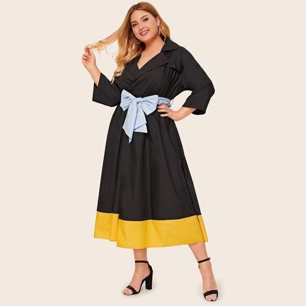 

Plus Colorblock Notched Collar Self Belted Dress, Multicolor
