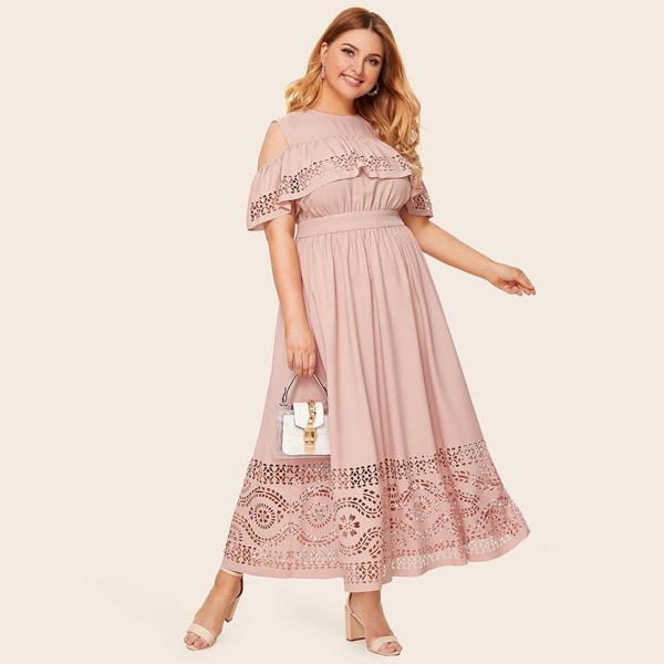 

Plus Cold Shoulder Laser Cut Ruffle Foldover Dress, Pink