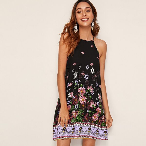 

Floral Print Halter Dress, Black