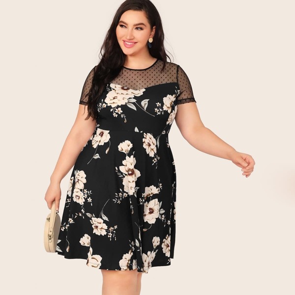 

Plus Mesh Yoke Insert Floral Print Flare Dress, Black