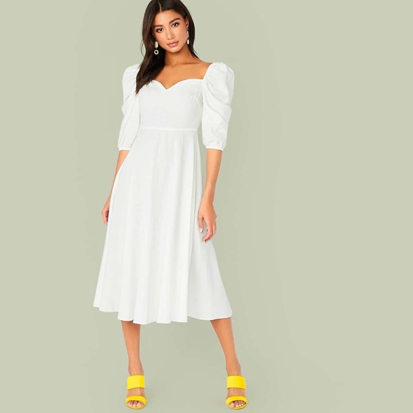 

Sweetheart Neck Puff Sleeve Fit & Flare Dress, White