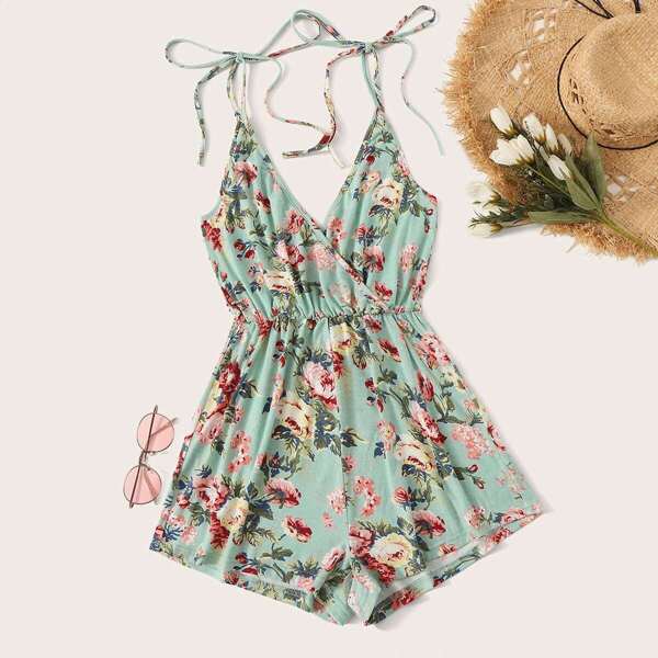 

Double V-Neck Tie Strap Floral Print Romper
