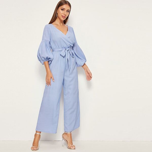 

Surplice Neck Lantern Sleeve Self Belted Jumpsuit, Blue pastel