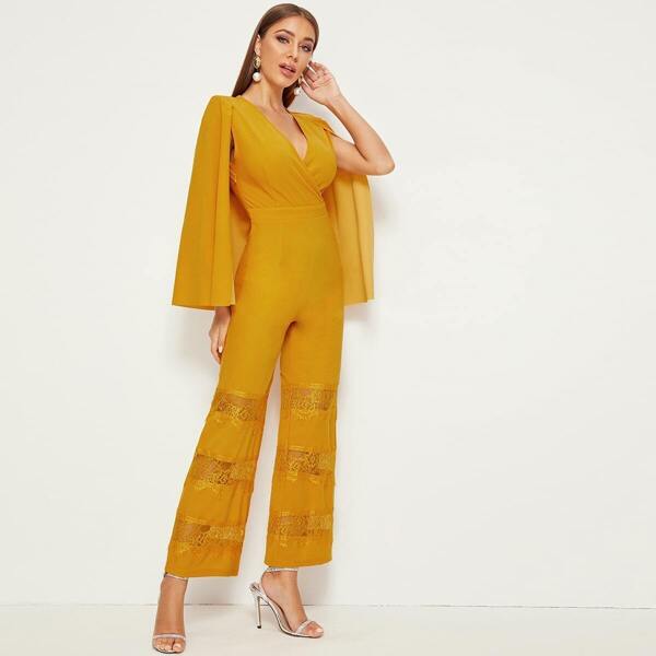 

Surplice Neck Lace Insert Wide Leg Cape Jumpsuit, Yellow
