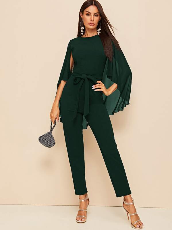 

Solid Cloak Sleeve Belted Jumpsuit, Green, Andy
