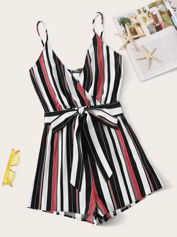 

Striped Surplice Neck Belted Cami Romper, Multicolor