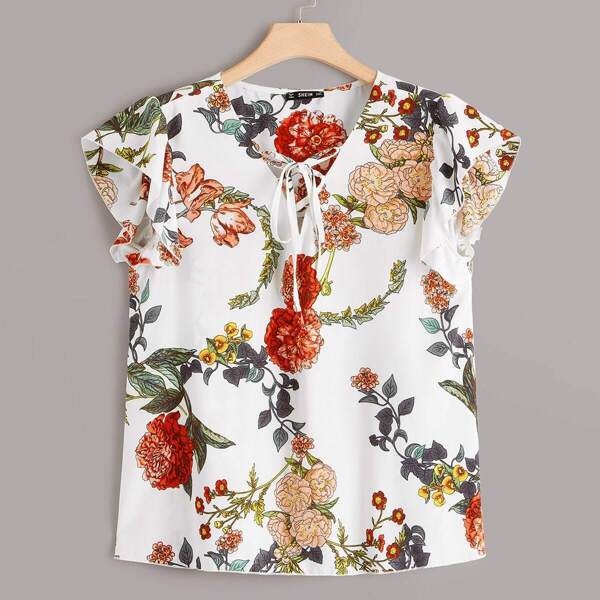 

Plus Floral Print Tie Neck Blouse