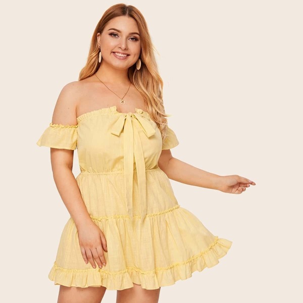 

Plus Off The Shoulder Frill Ruffle Hem Knot Dress