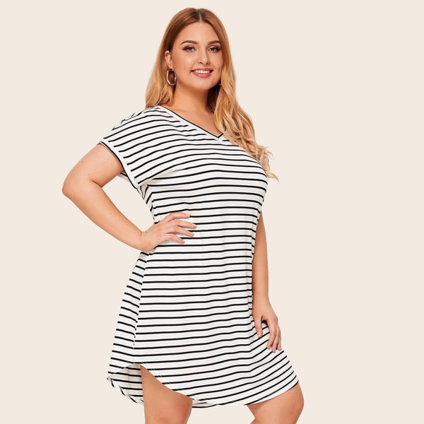 

Plus Striped Curved Hem Tee Dress, Black and white