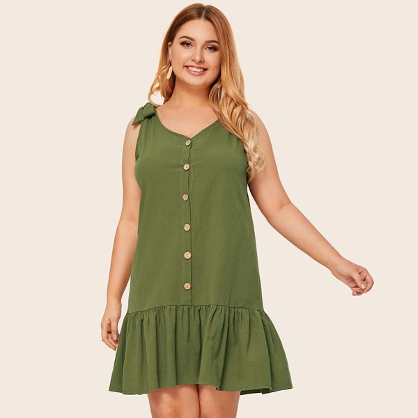 

Plus Button Front Knot Ruffle Hem Dress, Army green