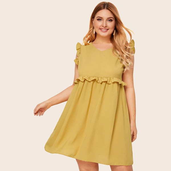 

Plus Frill Sleeveless V-Neck Solid Dress