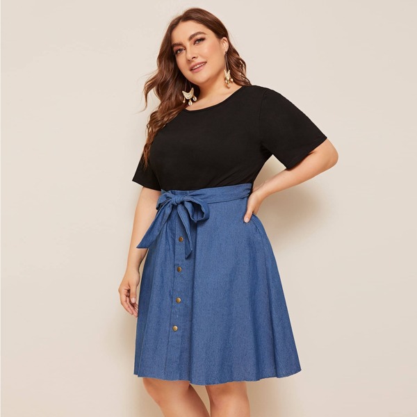 

Plus Button Front Belted Denim Dress