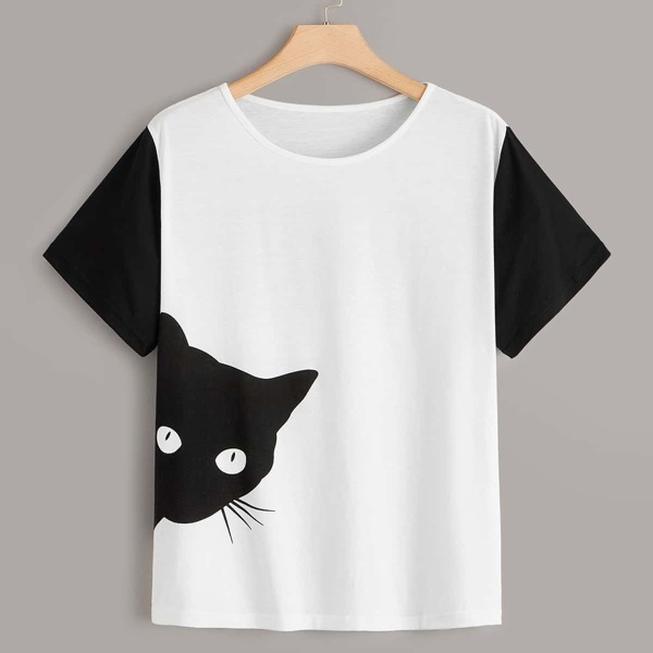 

Plus Cat Print Color Block Tee, Black and white