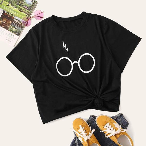 

Plus Glasses And Lightning Print Tee, Black