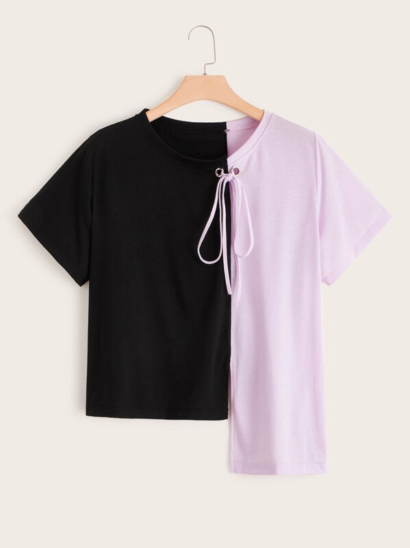 

Plus Contrast Color Knot Asymmetrical Tee, Multicolor