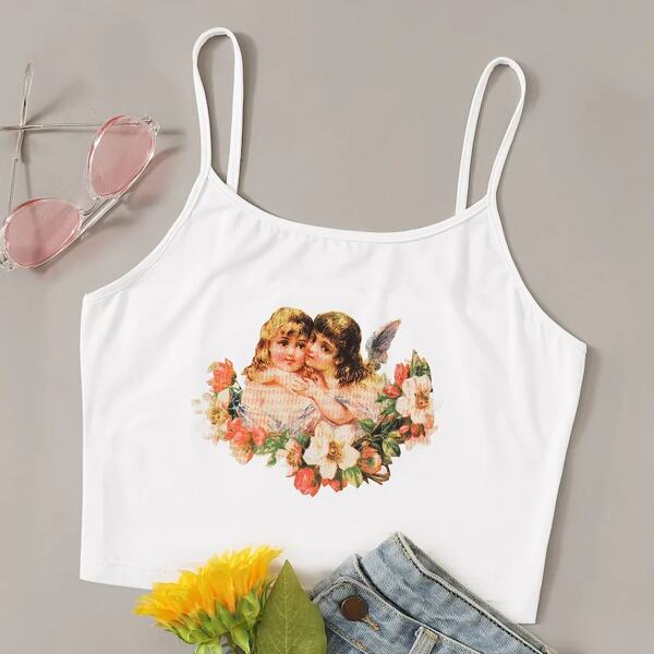 

Plus Figure And Floral Print Cami, White