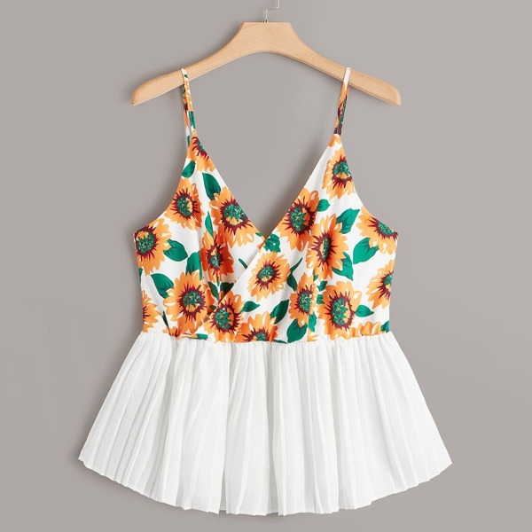 

Plus Floral Print Ruffle Hem Cami Top, Multicolor