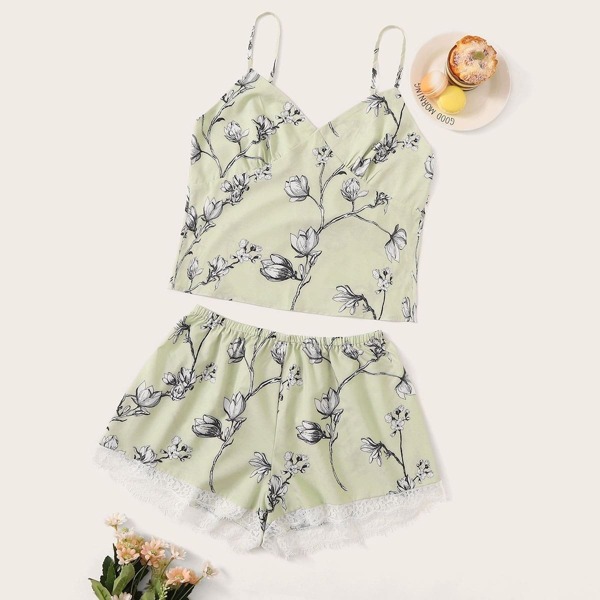 

Floral Print Lace Trim Cami Pajama Set