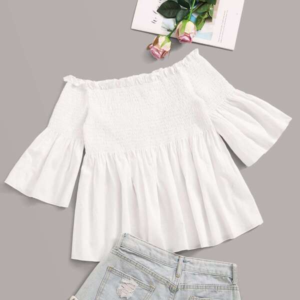 

Off Shoulder Frill Trim Shirred Peplum Top, White