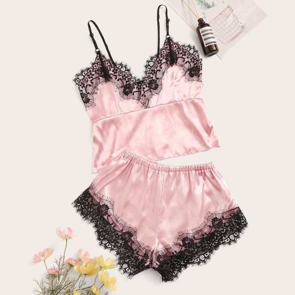 

Floral Lace Satin Cami With Shorts